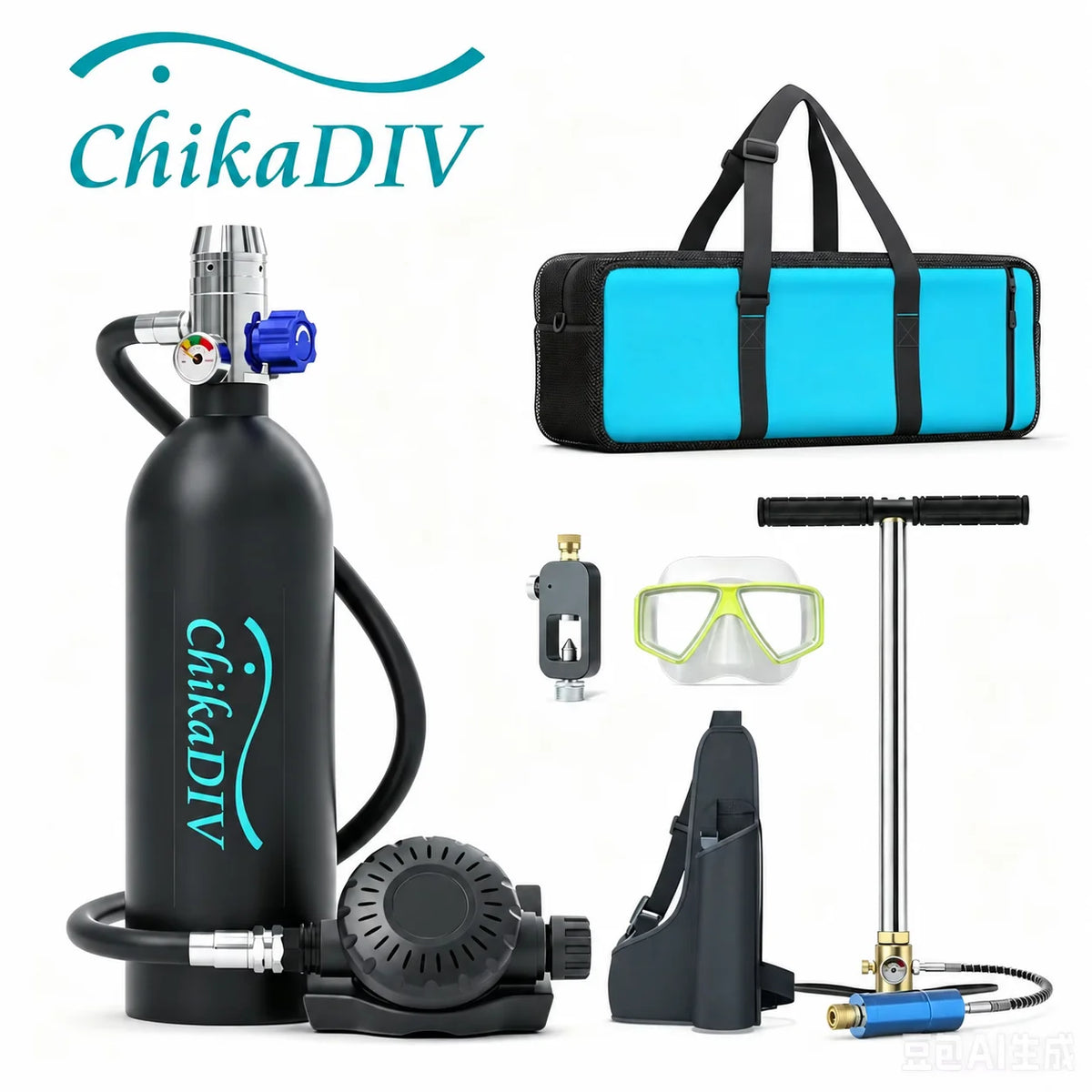 ChikaDIVE Scuba Tank–DOT Certified Mini Scuba Tank with Pump 1L Lung Tank for Underwater Breathing Reusable Portable Scuba Diving Tank Equipment Fit for Emergency Rescue