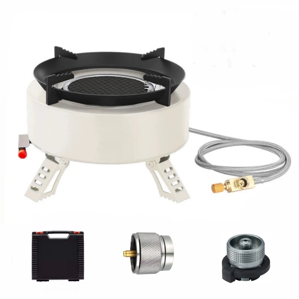Portable outdoor burner cooking stove, camping backpack stove, with fuel canister adapter and piezoelectric igniter.