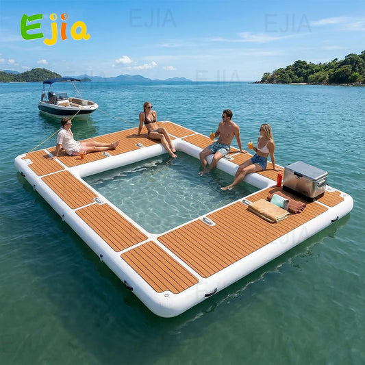 13FT Inflatable Pool Float Platform, Thick PVC Floating Dock with Non-Slip EVA Surface, Inflatable Floating Dock for Yacht/Boat