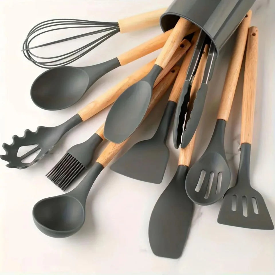 Silicone Kitchen Utensils Set with Holder Cooking Utensils Set Wooden Handles for Nonstick Pans Best Seller 2026