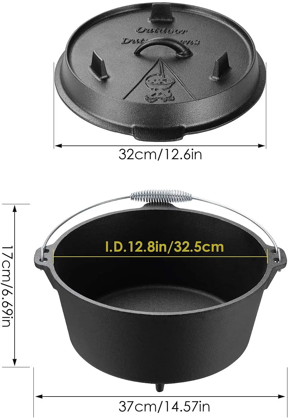 5/9/12.5 Quart Cast Iron Dutch Oven Camping Pot Outdoor Portable Multi-function Cookware Stew Barbecue Soup Picnic Pot