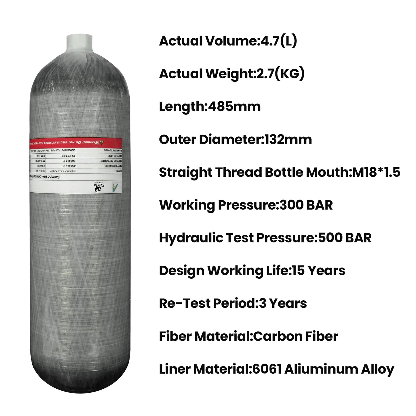 TUDIVING-4.7L Carbon Fiber Cylinder High Pressure Tank,4500Psi Diving Tank,30Mpa HPA Cylinder,Scuba Air Tank,Oxygen Tank