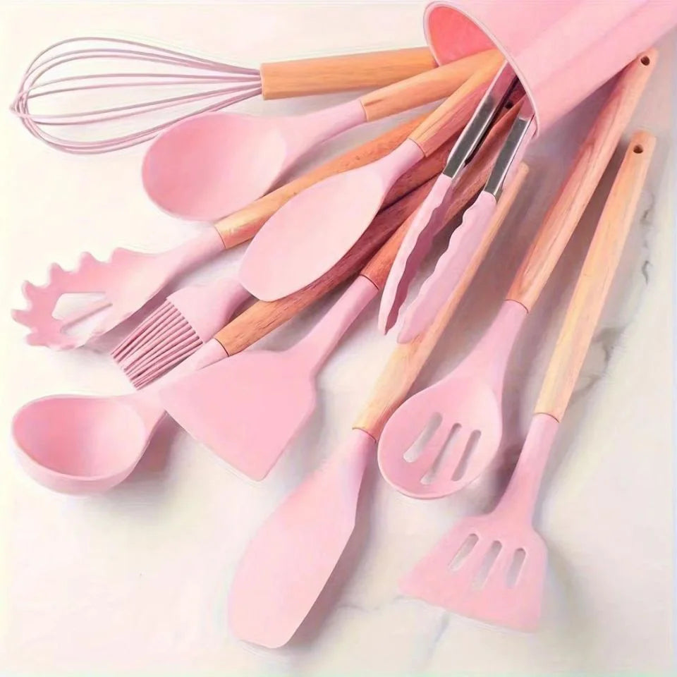 Silicone Kitchen Utensils Set with Holder Cooking Utensils Set Wooden Handles for Nonstick Pans Best Seller 2026