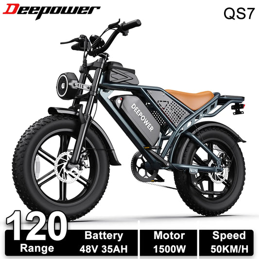 DEEPOWER QS7 Adult Electric Bike 1500W 48V 60Ah Dual Battery Off-Road Electric Bicycle 20 Inch Dual Suspension All-Terrain Ebike