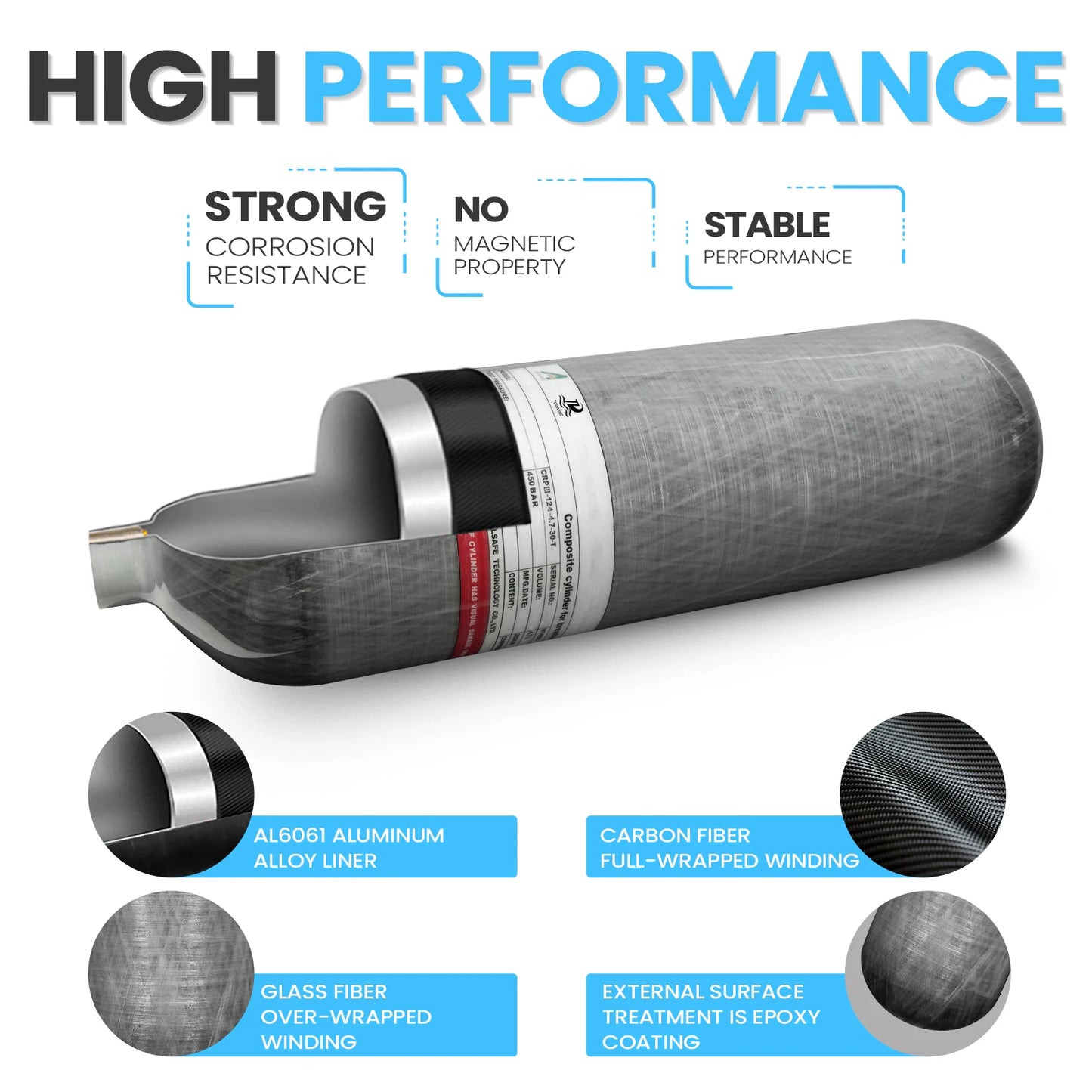 TUDIVING-4.7L Carbon Fiber Cylinder High Pressure Tank,4500Psi Diving Tank,30Mpa HPA Cylinder,Scuba Air Tank,Oxygen Tank