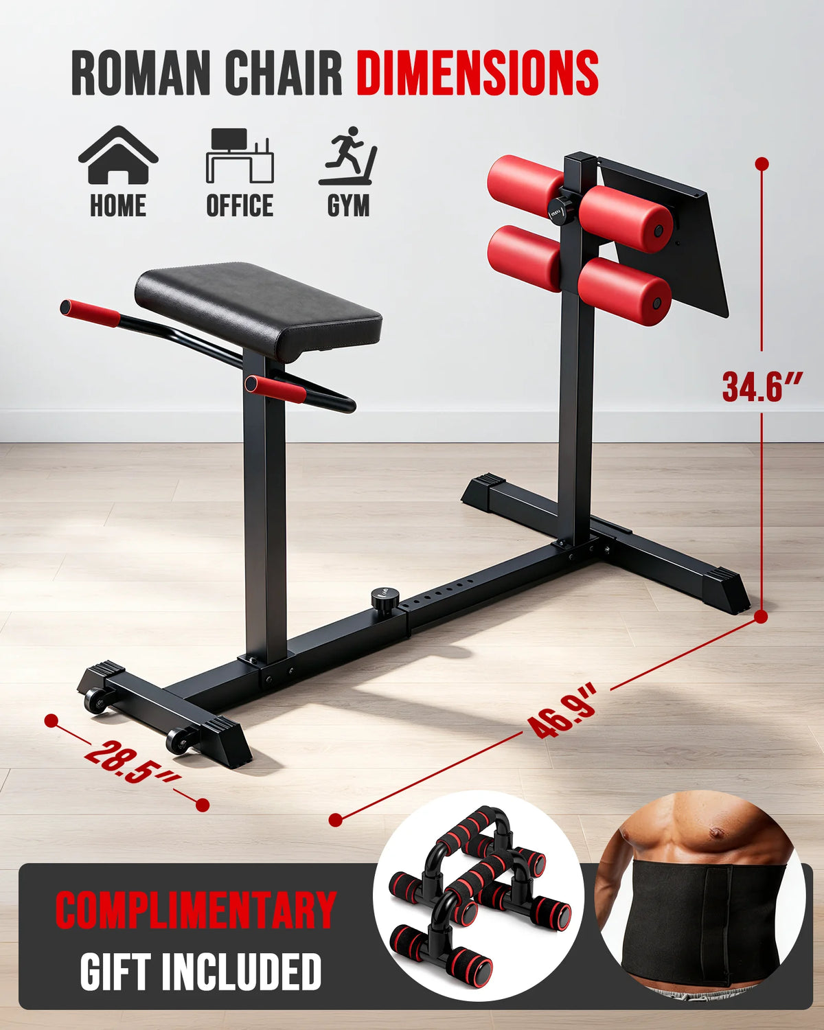 Roman Chair Back Extension Machine, Heavy Duty 330 LBS Hyperextension Bench,7-Level Length Adjustment for Different Heights, Dual Ankle Rollers, GHD Machine for Abs Glutes Hamstrings & Core, Home Gym