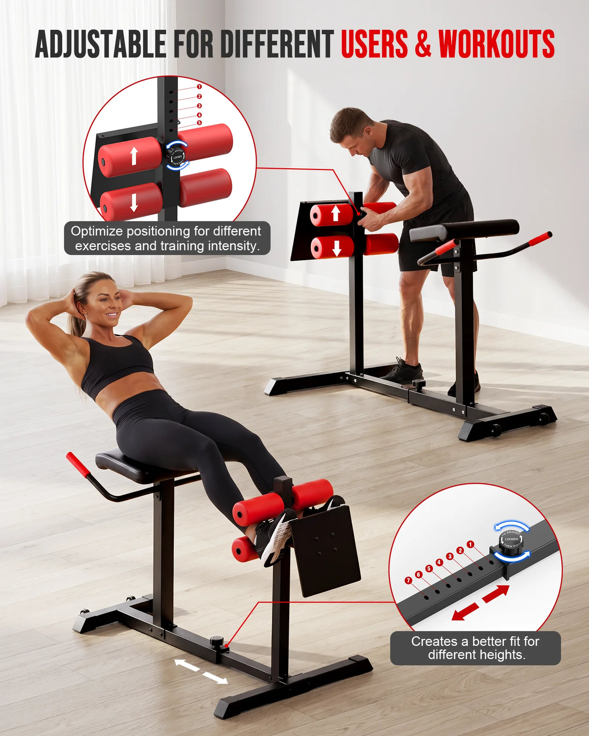 Roman Chair Back Extension Machine, Heavy Duty 330 LBS Hyperextension Bench,7-Level Length Adjustment for Different Heights, Dual Ankle Rollers, GHD Machine for Abs Glutes Hamstrings & Core, Home Gym