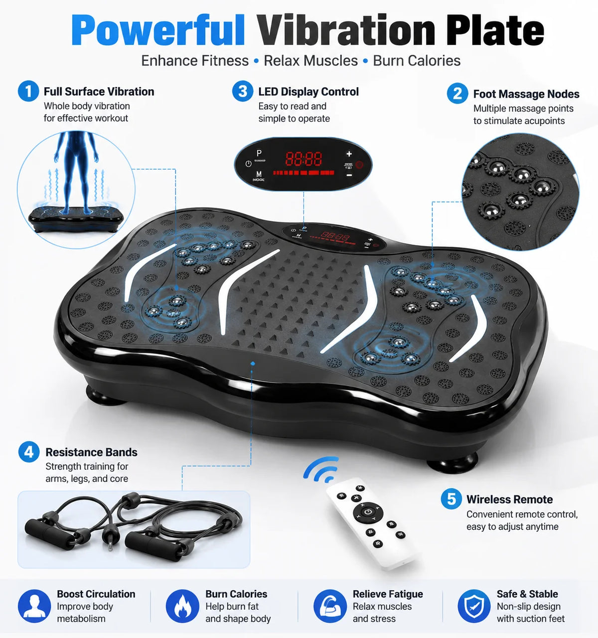 Bluetooth Vibration Plate Fitness Machine, Adjustable Speed Whole Body Shaker for Weight Loss, Muscle Toning & Relaxation, Home Gym Workout Equipment with Foot Massage Pedals