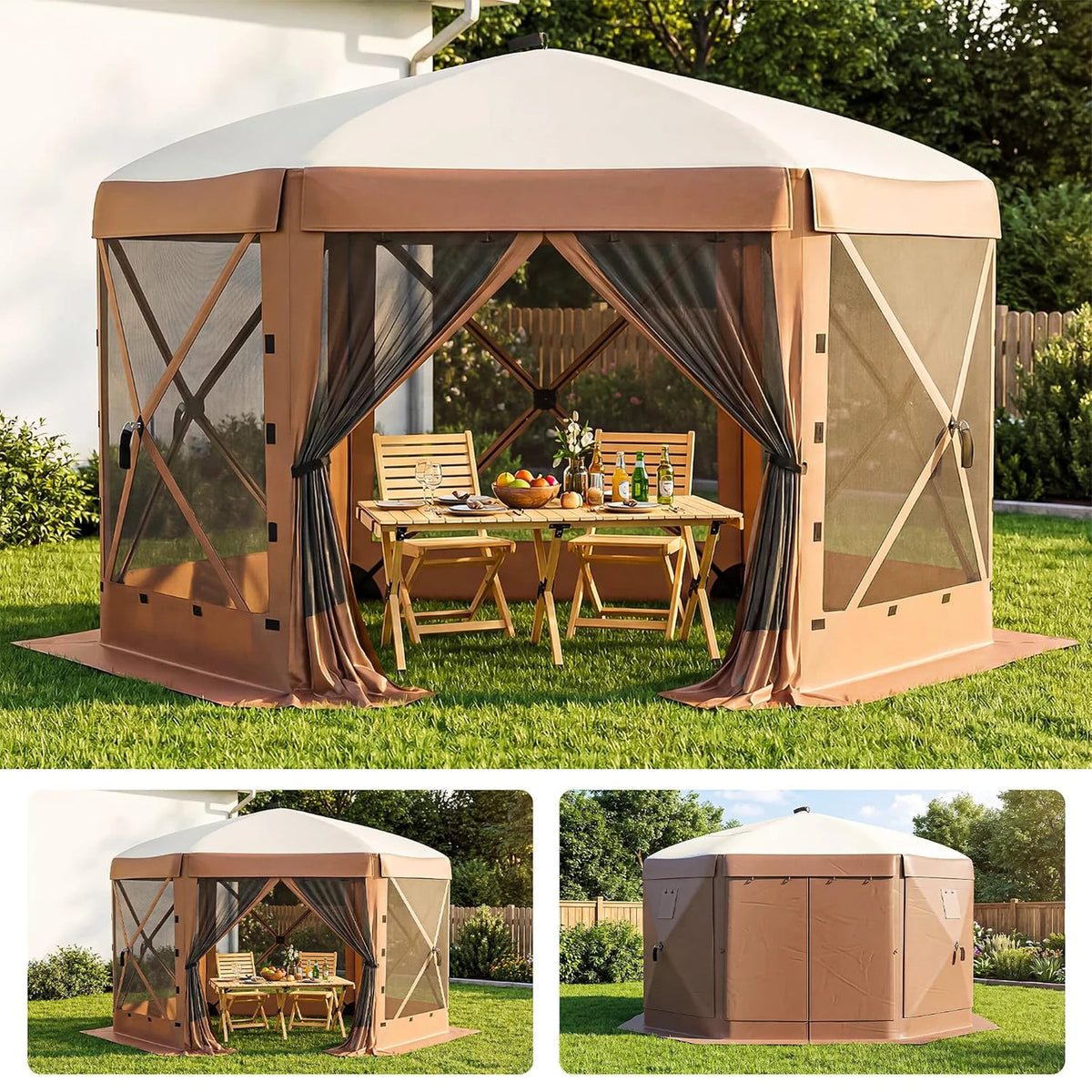 11x11FT Pop Up Gazebo Screen Tent, 6-Sided Mesh Canopy With Removable Wind Walls, One-Push Outdoor Shelter For Camping Party Patio