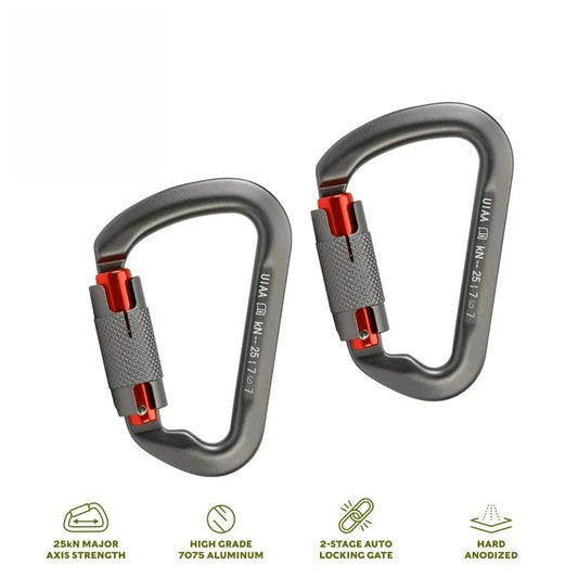 25kN Climbing Carabiners, 2 pack, Auto Locking, 7075 Aluminum, Lightweight