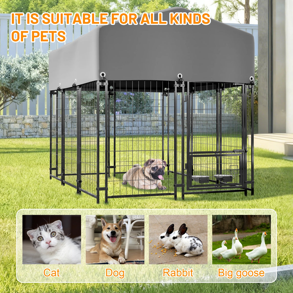4.23x5.82x4.83 ft Heavy Duty Welded Wire Dog Kennel Outdoor Run House UV Waterproof Cover Double Lock and Rotating Feeder