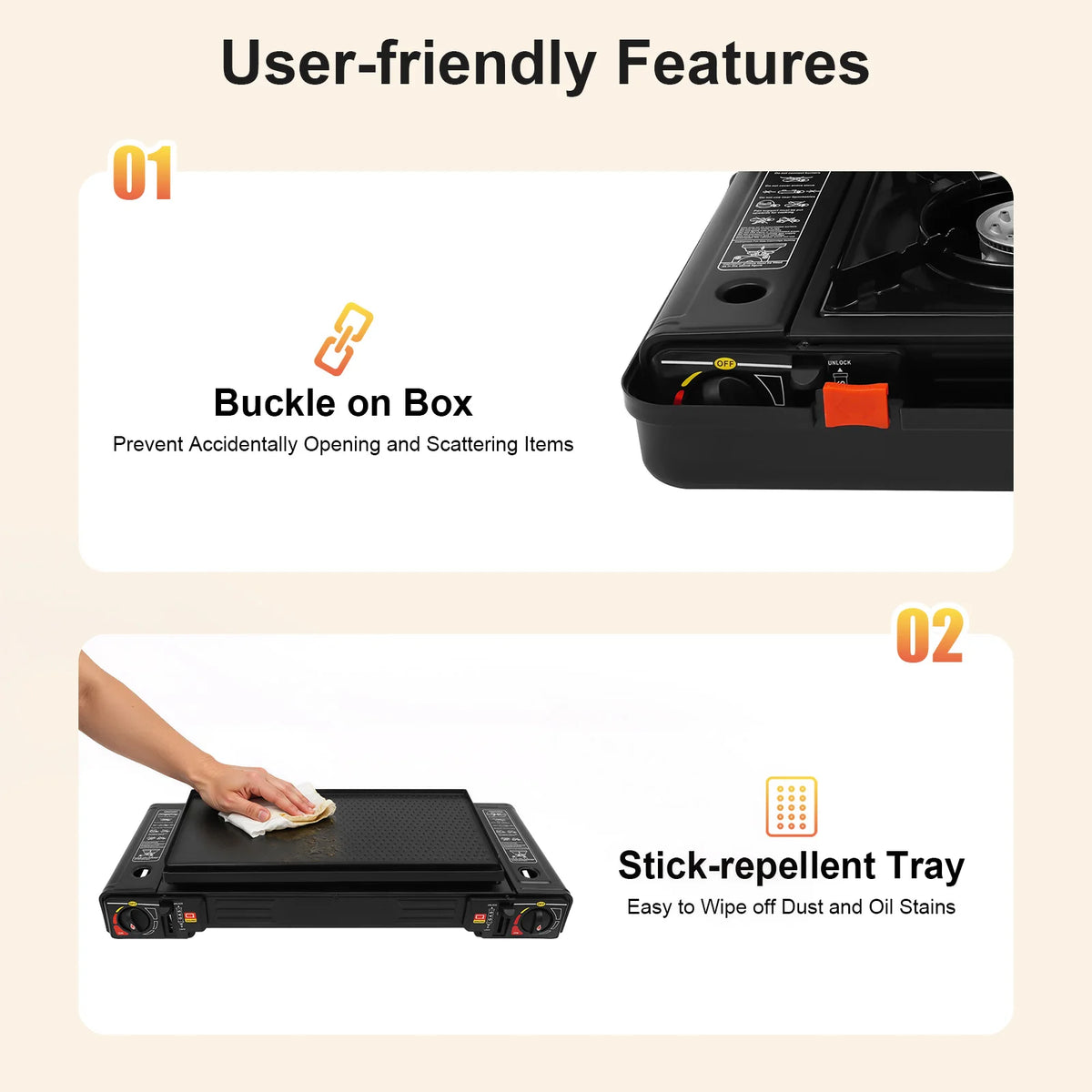 Portable 2-Burner Camping Stove – 2x2500W, Piezo Ignition, Butane/LPG, Non-Stick Pan & Carry Bag, Outdoor BBQ Black