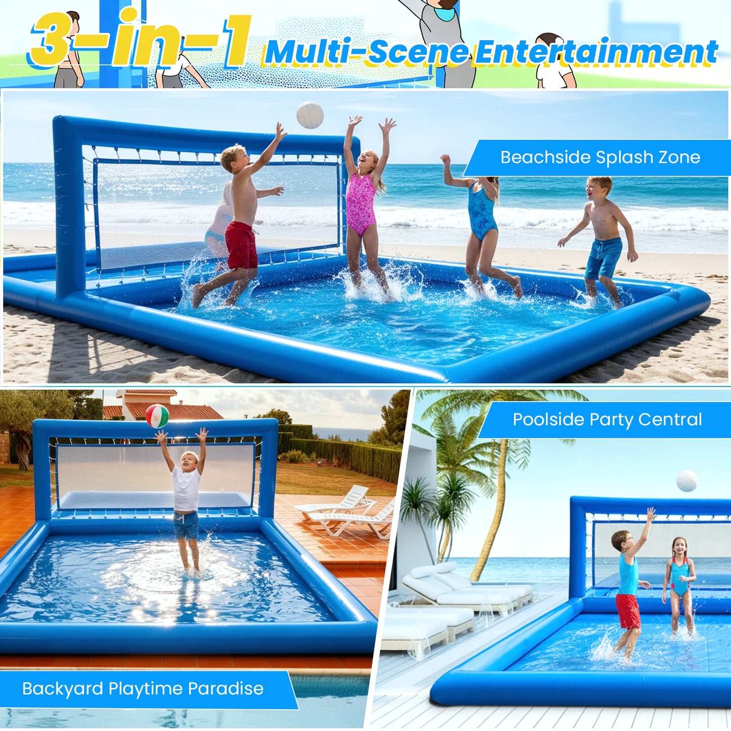 33ft Inflatable Volleyball Court Pool with Air Pump - Commercial Grade Outdoor Volleyball Net for Pool/Beach Volleyball