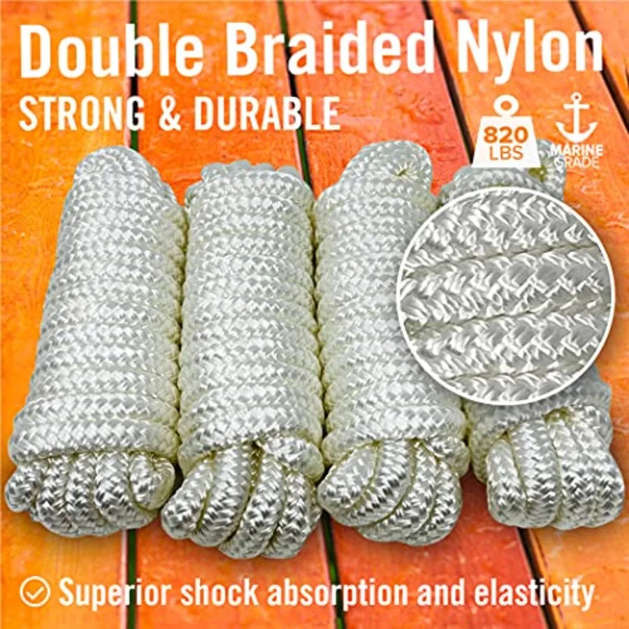 Dock Lines for Boats 4 Pack Double Braided Nylon Boat Rope with 12" Loop Marine Grade Mooring Line for Docking White
