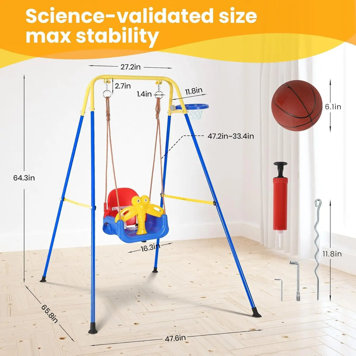 4-in-1 Foldable Toddler Swing Set – Durable Playground Equipment for Backyard or Home, with Basketball Hoop, Portable Outdoor Play Center for Ages 6–36 Months+