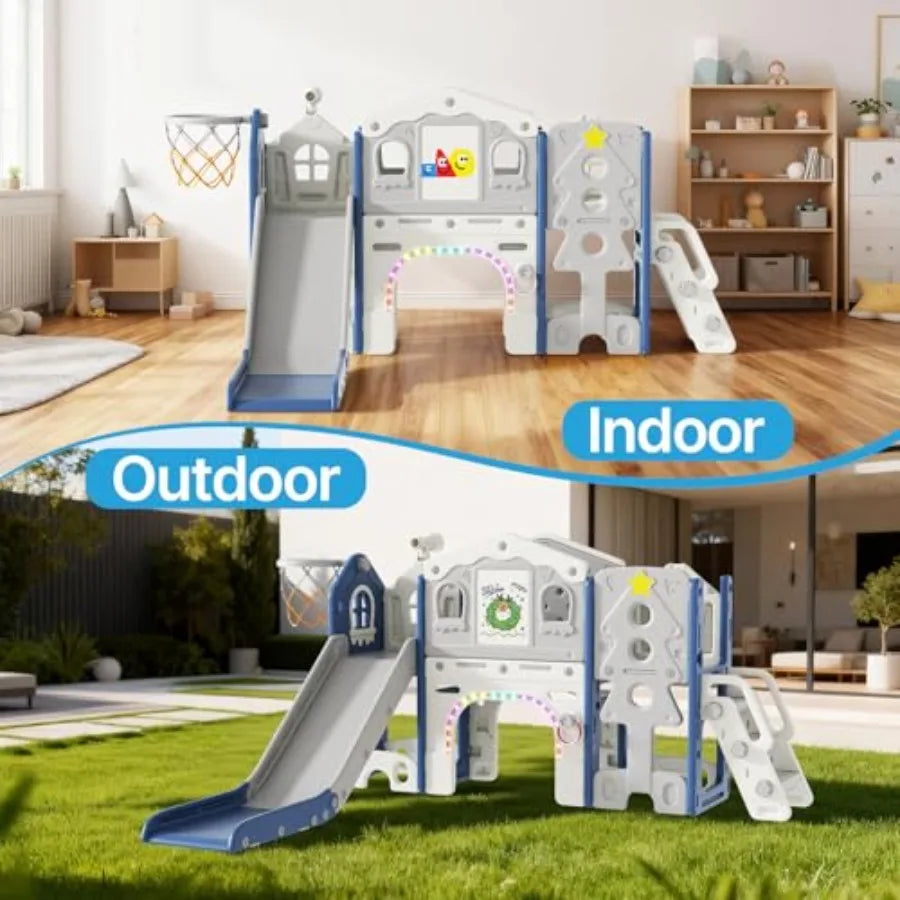 Indoor outdoor toddler playset for ages 1-3: slide colorful lights drawing board building blocks board all-in-one activity set