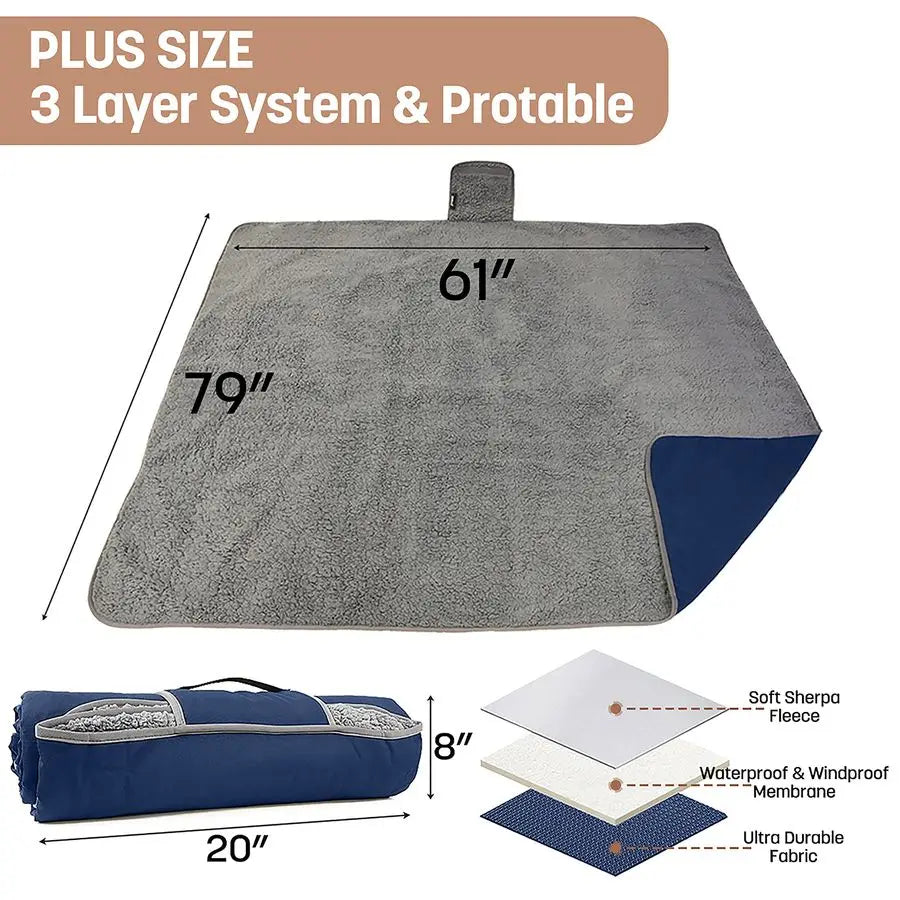 Waterproof Outdoor Blanket with Sherpa Lining, Windproof Triple Layers Warm Comfy Foldable for Camping Stadium, Beach, Picnic, G