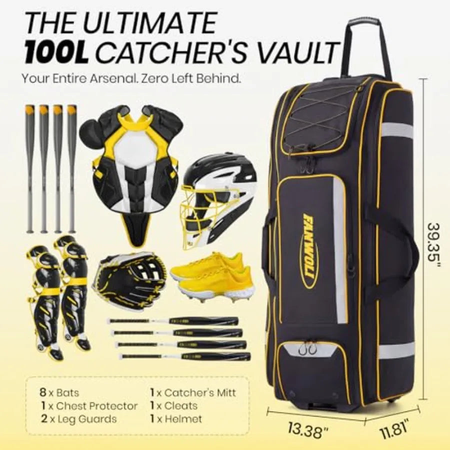 100L Rolling Baseball Catchers Gear Bag - Large Softball Equipment Duffle with Wheels Locker-Style Organizer with 5 Fence Hooks