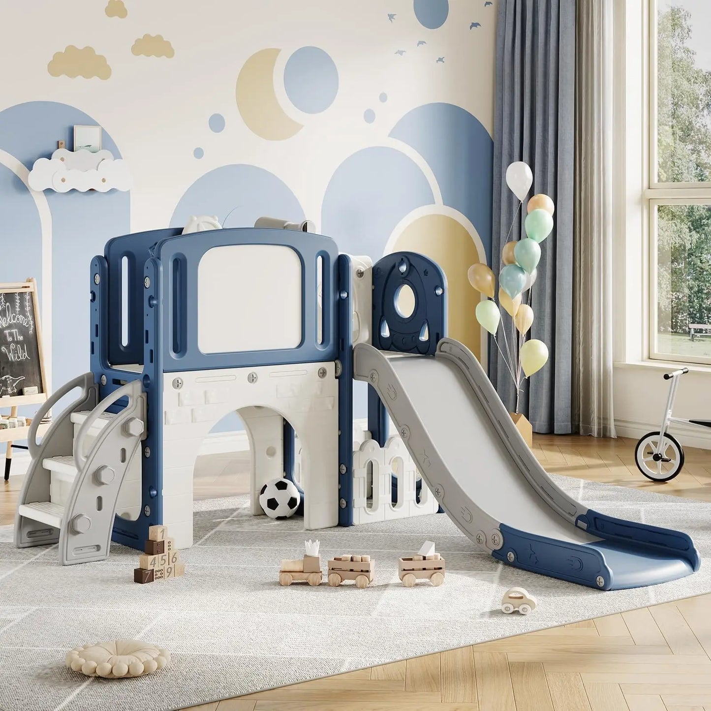 8-in-1 Toddler Slide Climber Playset Indoor Outdoor Playground Activity Center With Basketball Hoop Tunnel Storage Backyard