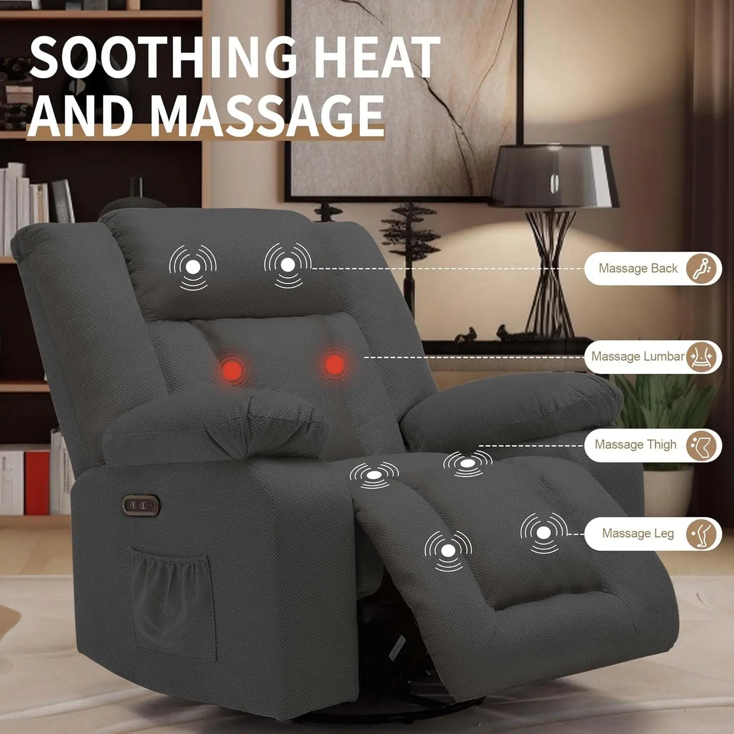 Oversized Power Recliner Chair,Electric Glider Reclining with Massage and Heating,Waffle Fabric Rocker Recliner with Side Pocket