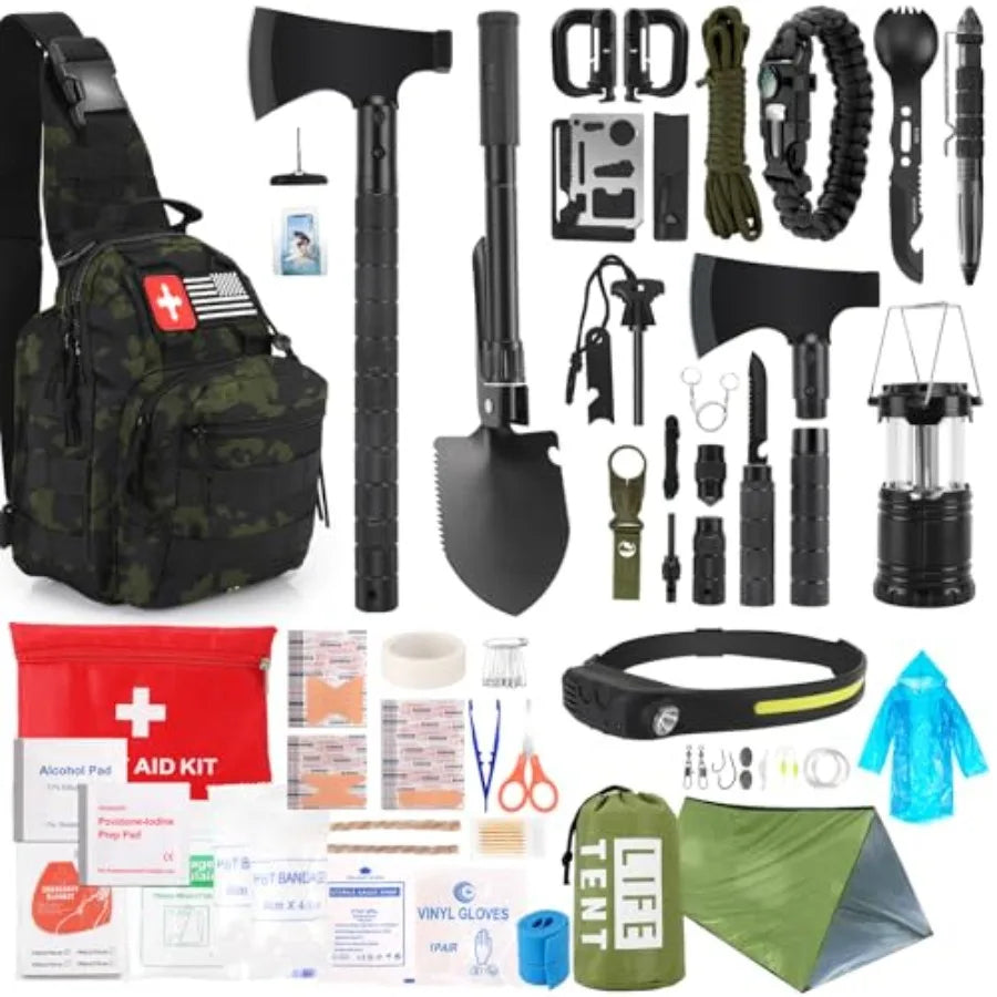 Survival Kit, 268 Pcs Emergency Survival Gear and Equipment plies with First Aid Kit, Camping Axe, Headlamp, Crossbody Bag for