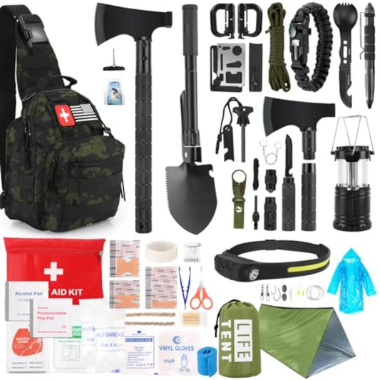 Survival Kit, 268 Pcs Emergency Survival Gear and Equipment plies with First Aid Kit, Camping Axe, Headlamp, Crossbody Bag for