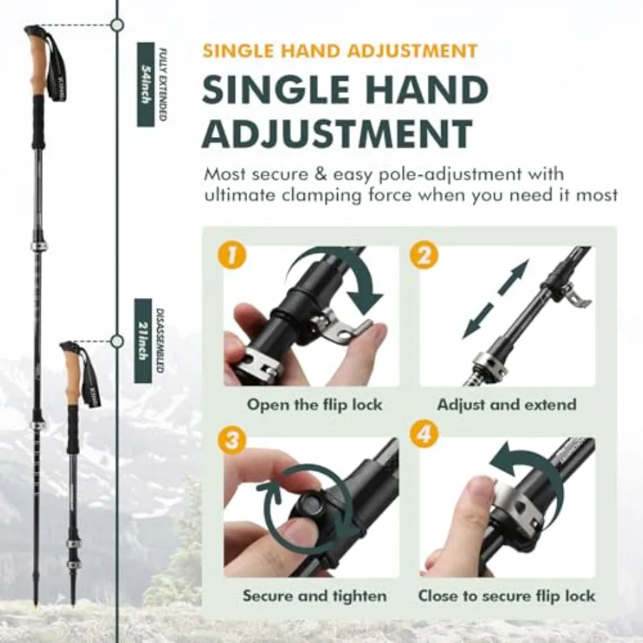TPC-3K 100% Carbon Fiber Trekking Poles for Hiking - Ultralight Collapsible Hiking Poles with Cork and EVA Foam Grips, Adjustab