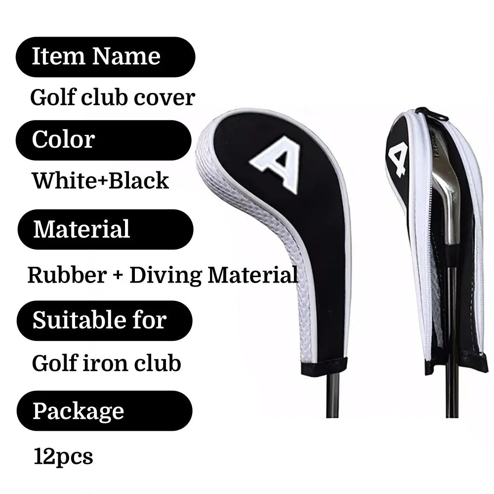 Complete Golf Club Protection Set – 12 Neoprene Covers with Number Print Zippered Driver Head & Long Neck for All Irons