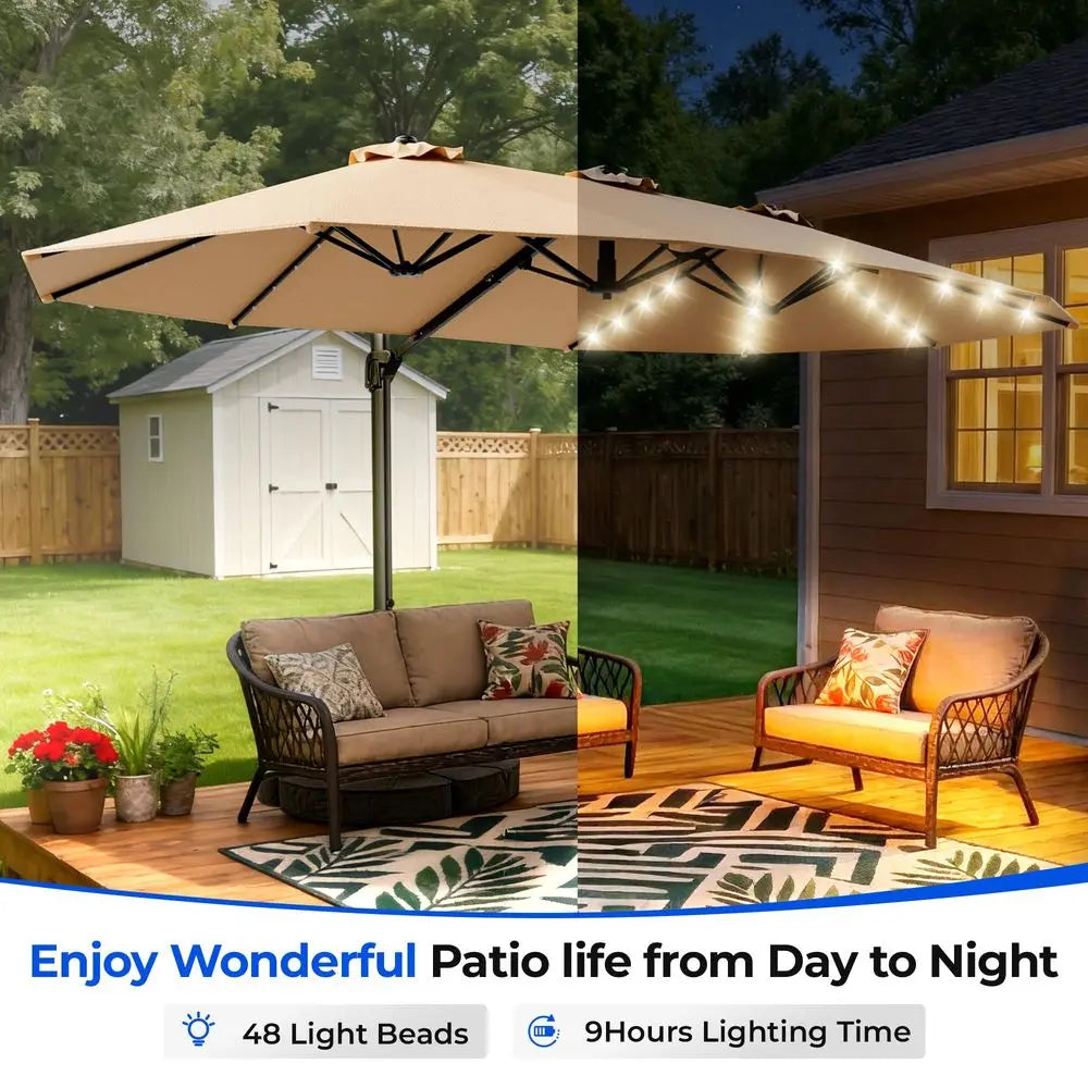 15FT Cantilever DoubleSided Umbrella with Solar Light and Base, Rectangle Oversized Offset Patio Umbrellas, Extra Large Outdoor