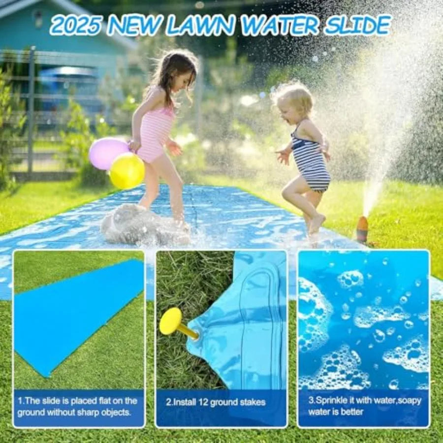 Backyard water slide for kids and adults, heavy-duty PVC, blue and yellow, 40FT giant slip-and-slide with 14 stakes and 2 infla