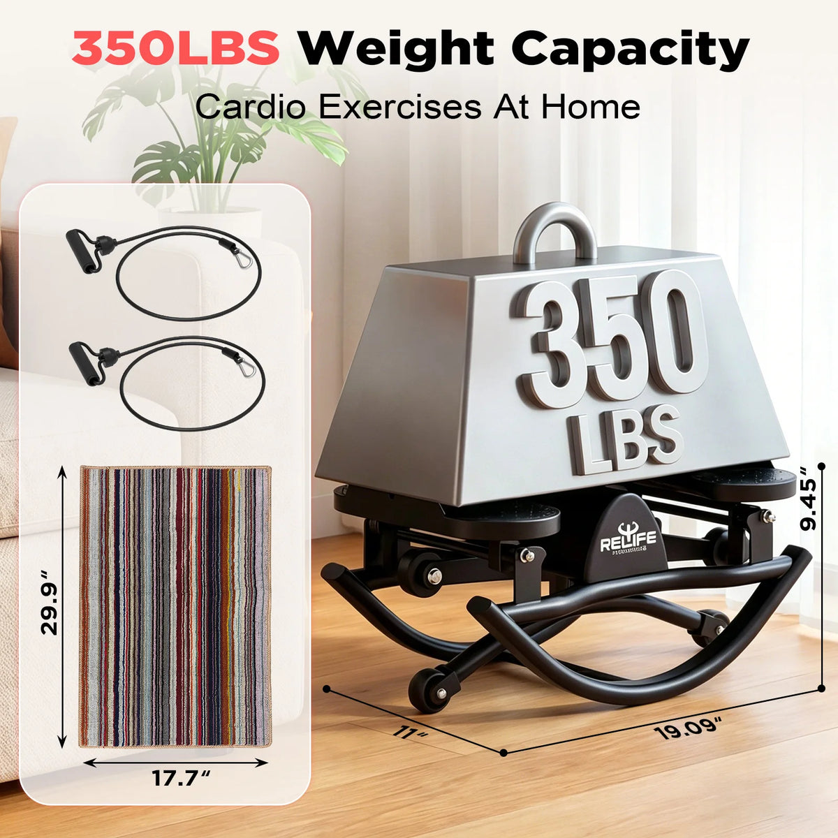 Relife 3D Lateral Rocking Stepper with Resistance Bands, Low-Impact Full-Body Workout Machine, 330LB Capacity Joint-Friendly Home Fitness Equipment with LCD Monitor, Compact Quiet Stepper for Hips, Legs & Core Training