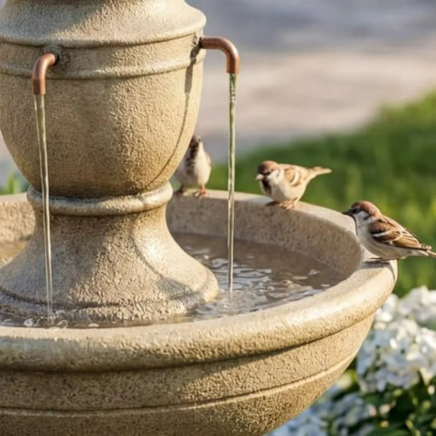 35-Inch Outdoor Water Fountain 2-Tier Modern Italian Floor Standing Resin Waterfall Fountain with Warm Light in Brown for Garde