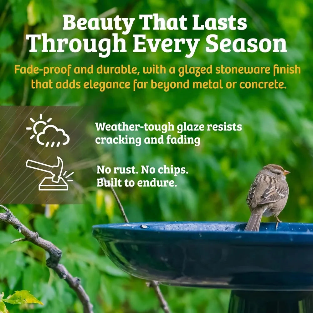 wdOhio Stoneware Bird Bath, Pedestal Bird Bath, Stable Locking Top, Weather-Resistant Ceramic Clay, Glazed Finish