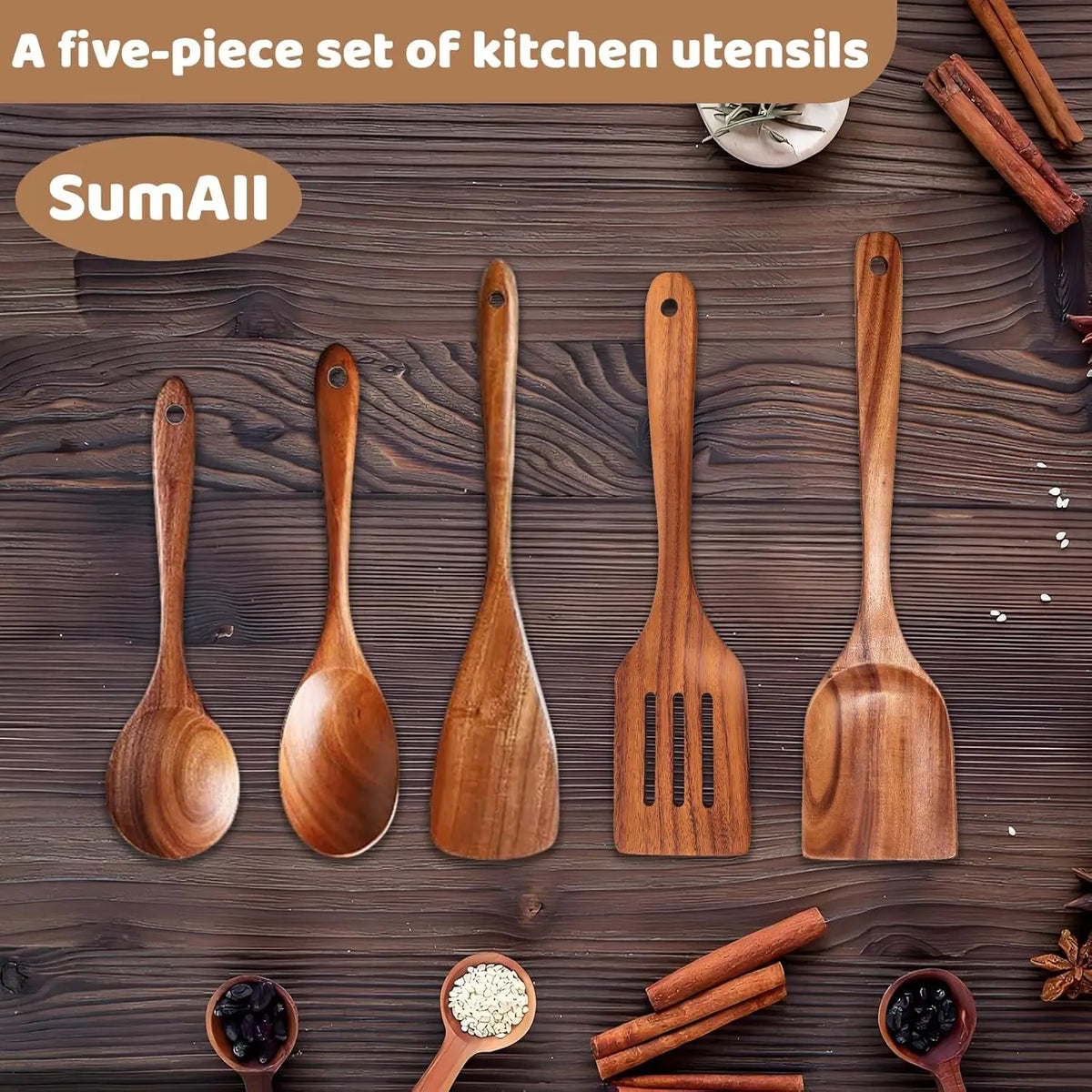 Natural Teak 5-Piece Wooden Utensil Set, Up to 13.4 Inch, Heat & Scratch Resistant, for Non-Stick Pans, Home & Restaurant