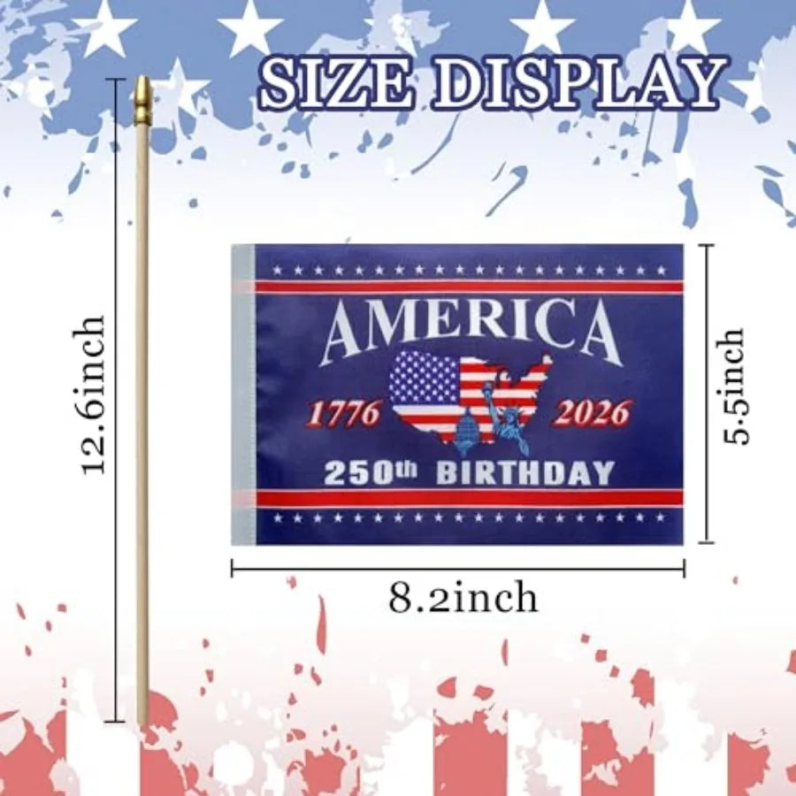12 Pack 250th Anniversary USA Flag 250 Years of Birthday Small American Handheld Flags on Stick, 4th of July Outside Decoration