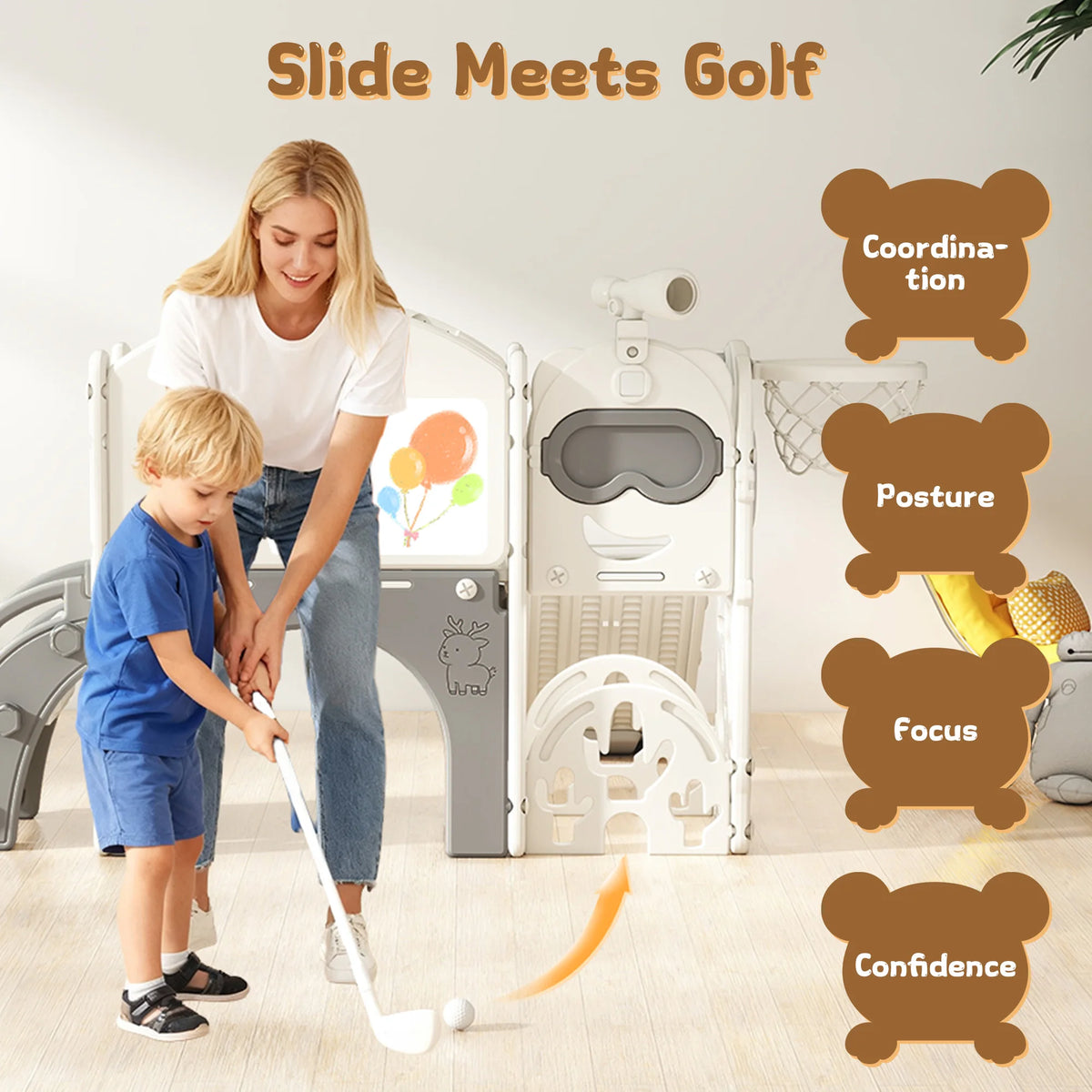 10 in 1 Toddler Slide Playset Indoor & Outdoor Playground for Kids Aged 1-3, Complete with Golf Set, Basketball Hoop, Climbing Frame, Drawing Board and Steering Wheel
