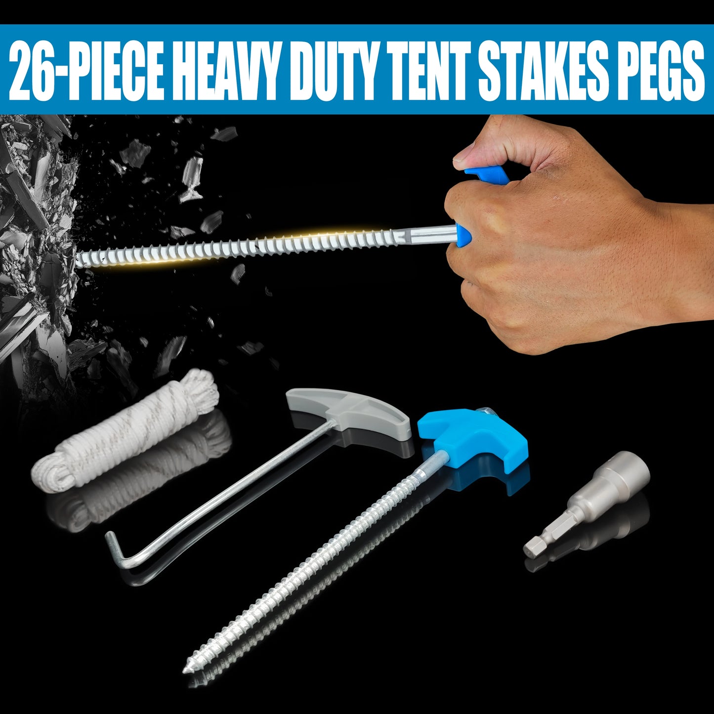 Heavy Duty Spiral Tent Stakes Screw in Ground Anchors with Rope and Driver for Camping Hiking Outdoor