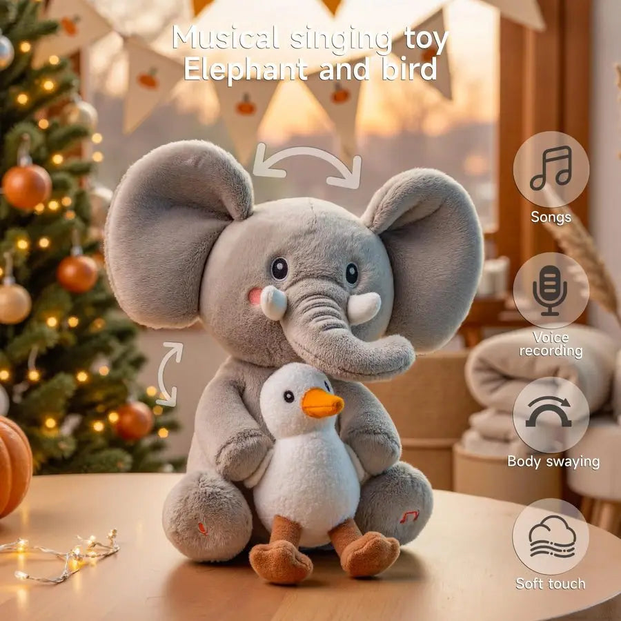 Elephant Stuffed Animal Toys, Interactive Singing Talking Plush Elephant and Bird Toy, Baby Animated Animals