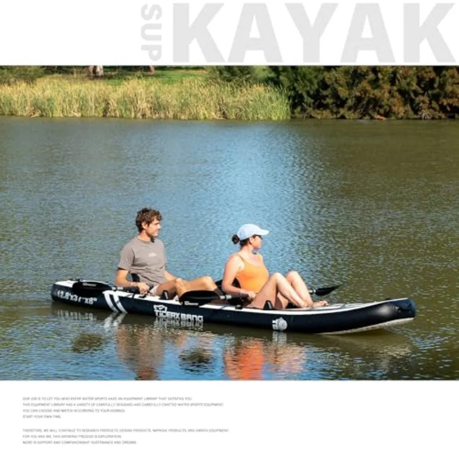 12'8 Inflatable Tandem Kayak for Fishing Touring 2 Seats Adjustable Paddle Blue Durable Material Ideal for Family Adventures In