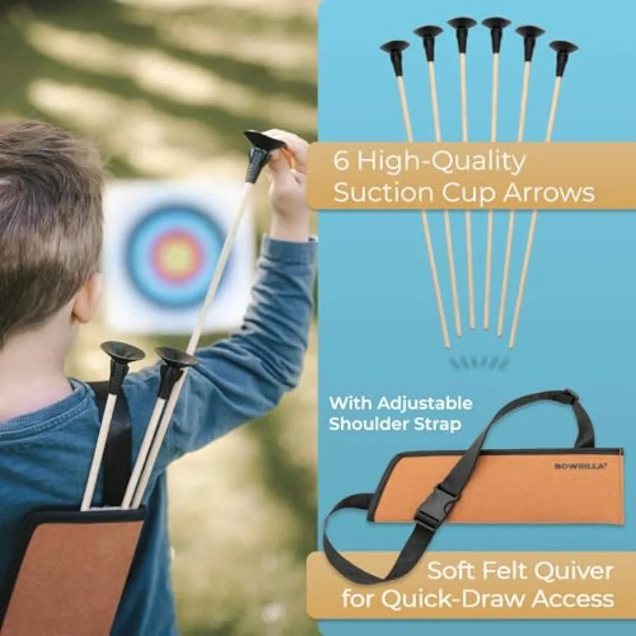 Bow and Arrow Set for Ages 4-8: Wooden Bow, Rainbow-Colored Arrows with Suction Cups, Includes Wooden Target and Fabric Quiver