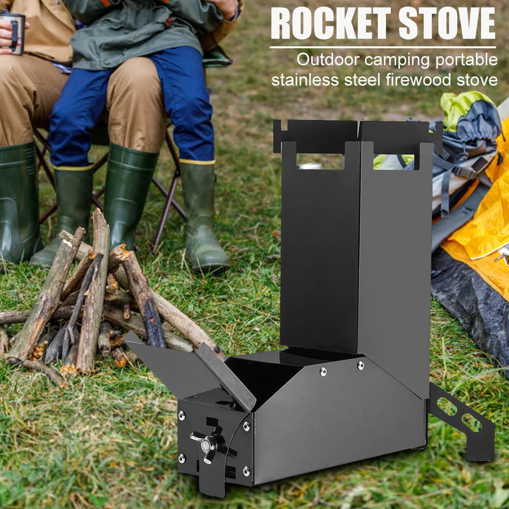 Outdoor Camping Stainless Steel Rocket Wood Stove Picnic Hiking Cooking Furnace