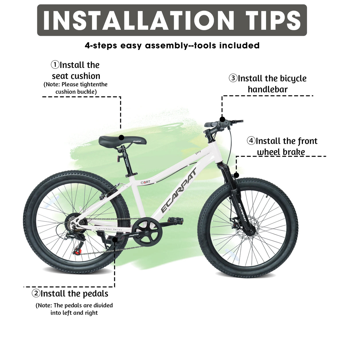 24 Inch Kids' Mountain Bike, 7 Speed Mountain Bicycle with Front Suspension, Front Disc Brake and Rear V-Brake, Carbon Steel Frame Outdoor Cycling City Bike for Teenager Boys Girls Gifts