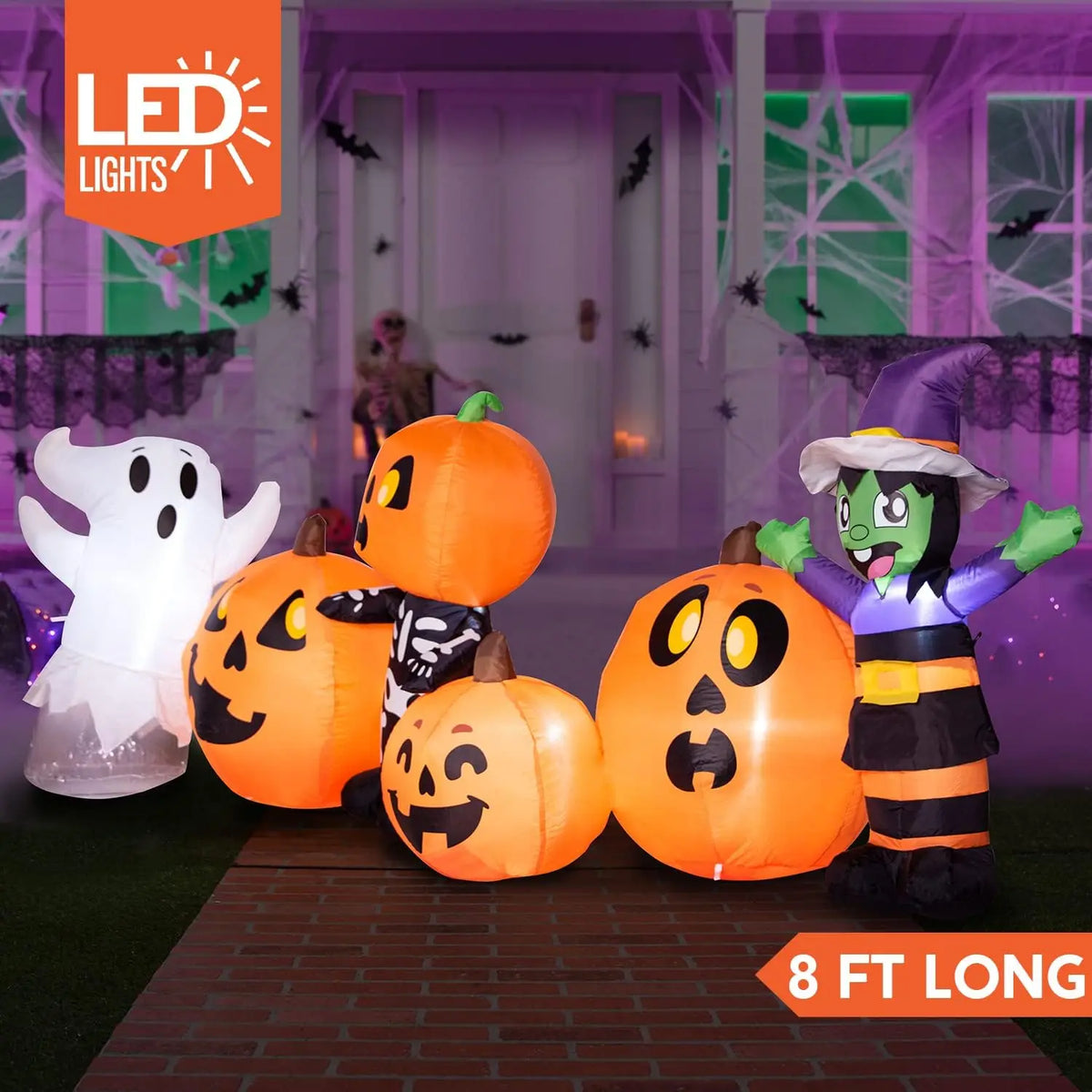 8 ft Long Halloween Inflatable Three Characters and Pumpkin Patch Outdoor Decoration Inflatable Witch Ghost Skeleton Yard for Halloween Gift