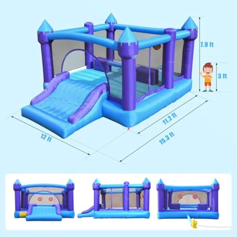 Inflatable Bounce House for Big 15ft x 12ft Large Outdoor Bouncy Castle with Wider Slide and Basketball Hoop Great for Birthday