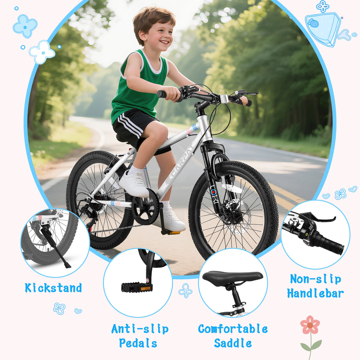20 Inch Kids' Mountain Bike Ages 5-10, 7-Speed Children's Day Gifts Bicycles for Boys Girls Present, Outdoor Cycling City Bikes