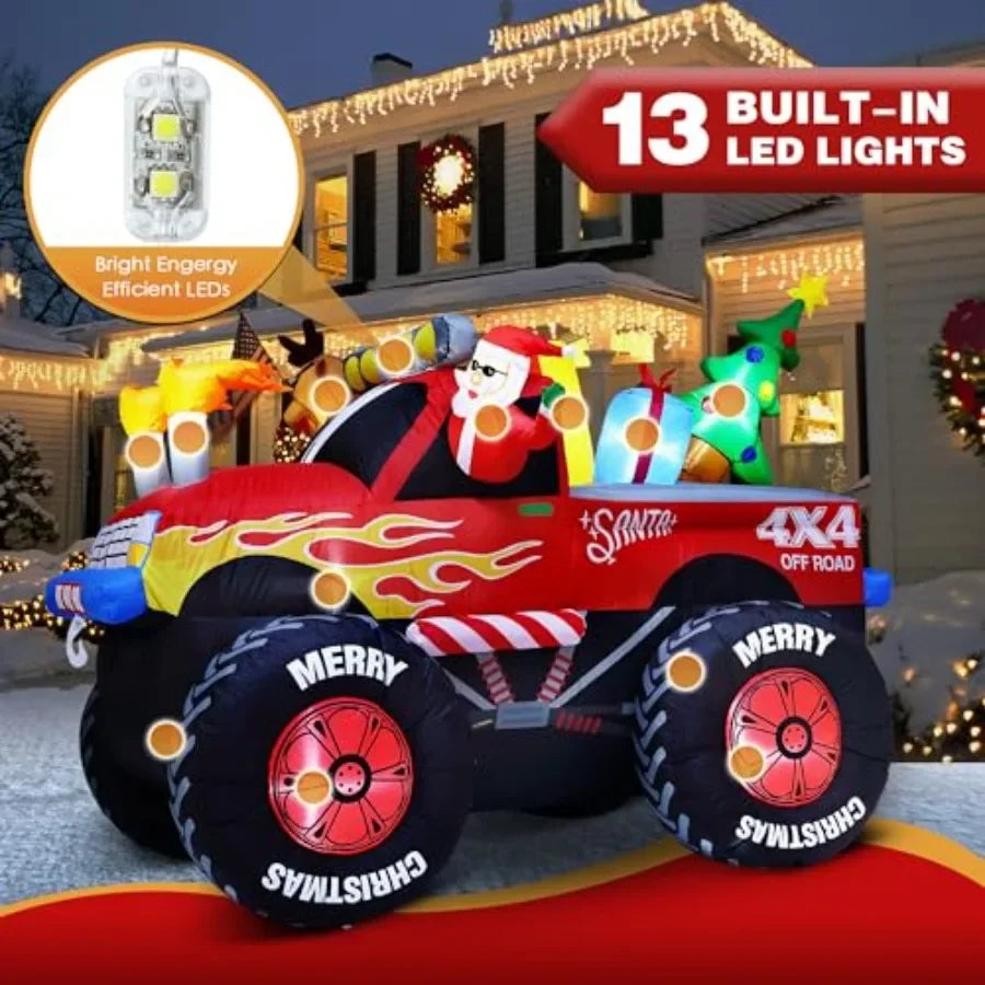 8 FT Long Santa in Monster Truck Christmas Inflatables Outdoor Decorations Christmas Blow Up Santa Claus Yard Decorations for G
