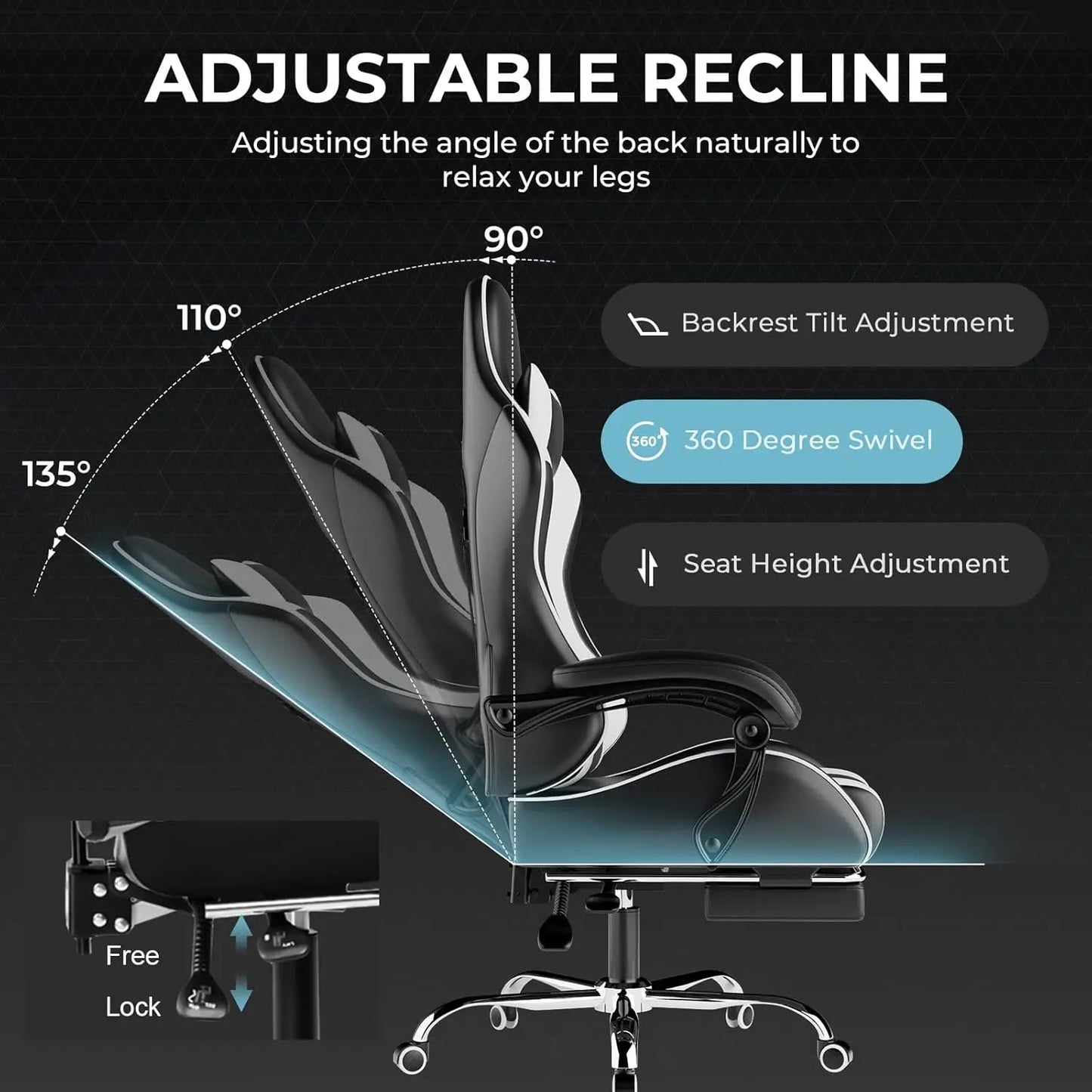 Gaming Chair, Computer Chair with Footrest and Lumbar Support, Height Adjustable Game Chair with 360°-Swivel Seat, Customized