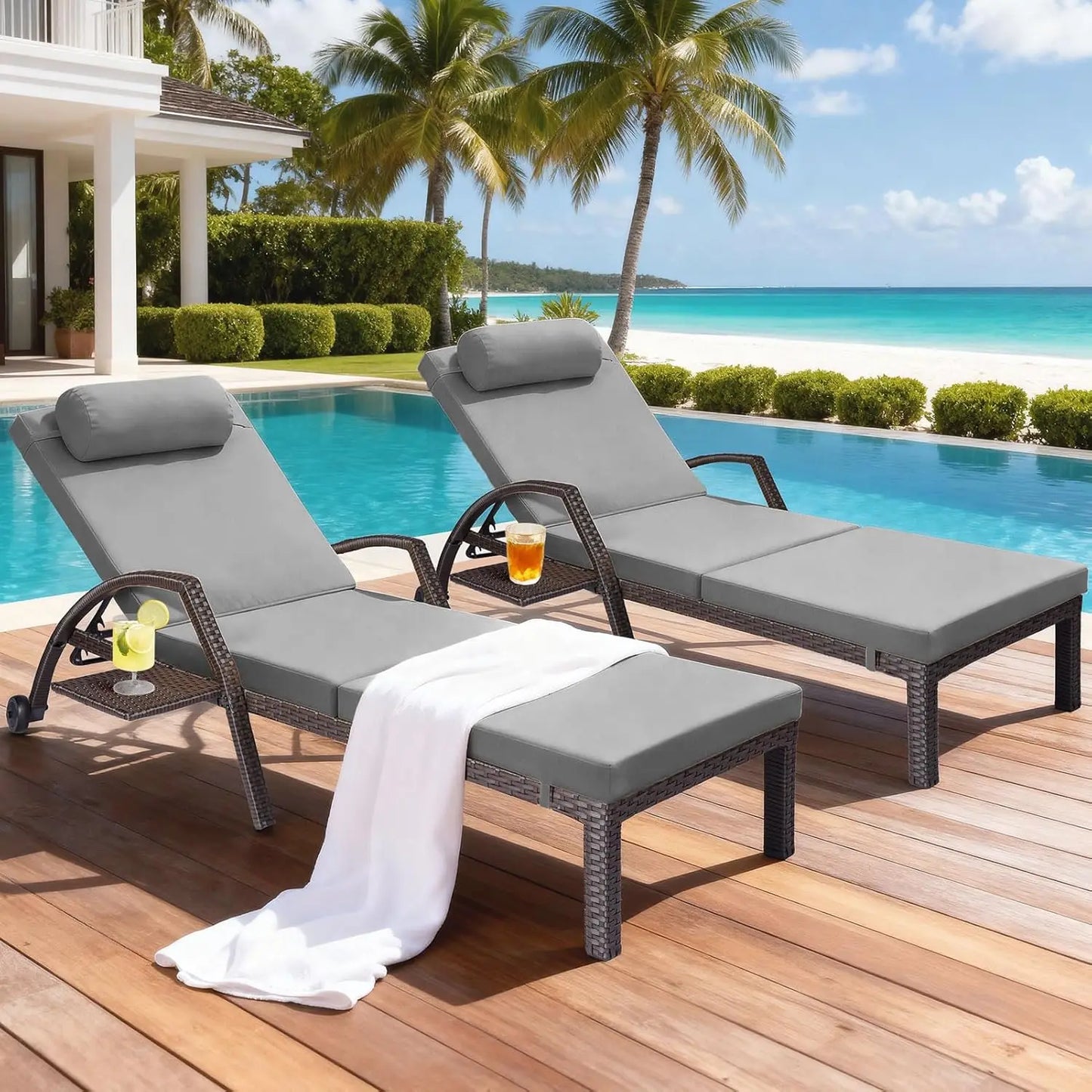 Patio Chaise Lounge Chairs Set of 2 Wicker Pool Lounge Chairs Outdoor with 5 Adjustable Back & Removable Cushion &, Customized