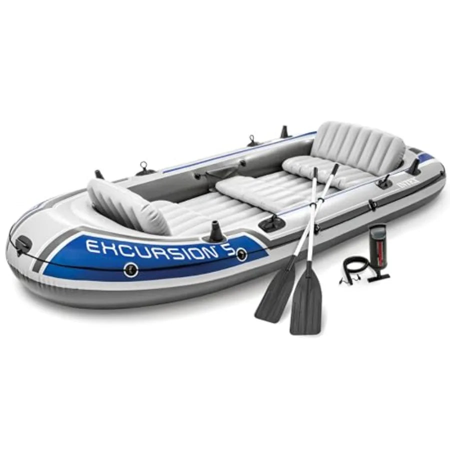 Excursion Inflatable Fishing Boat River Raft Set With Oars For Outdoor Water Activities, PVC Material, Gray And Blue, Durable A
