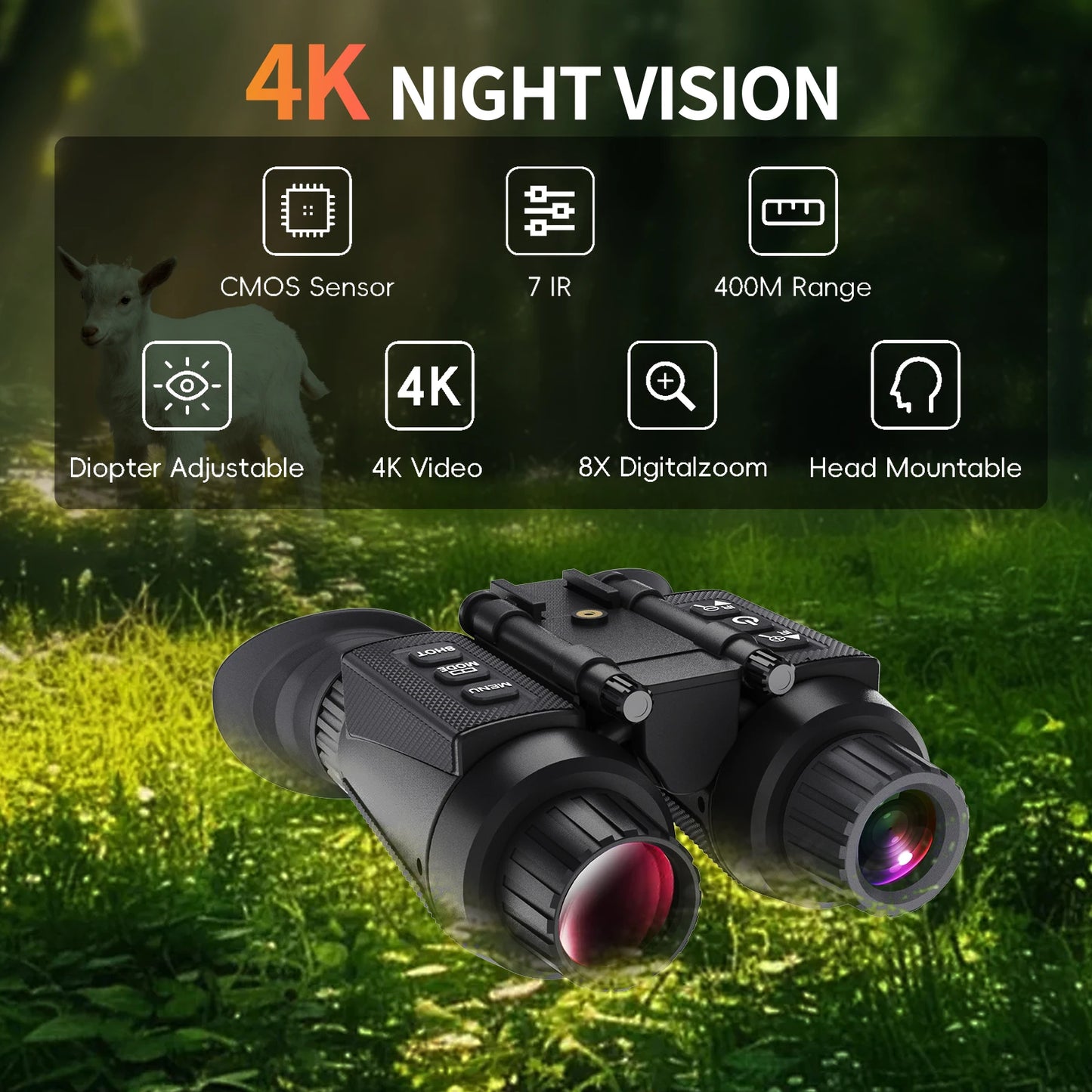 4K Head-Mounted Night Vision Goggles & Binoculars for Adults – Infrared NVG with Manual Focus & 8X Digital Zoom for Hunting, Camping, and Outdoor Surveillance